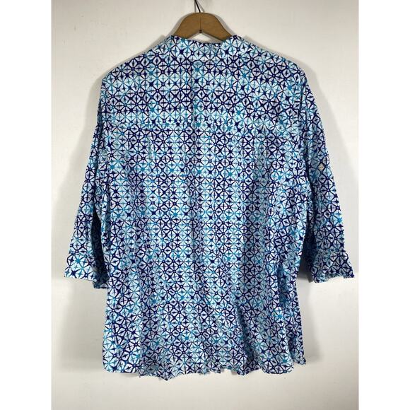 Catherines Top Size 1X Button Up Blue & White Print Coastal Beachy Blouse Mature - Picture 10 of 14